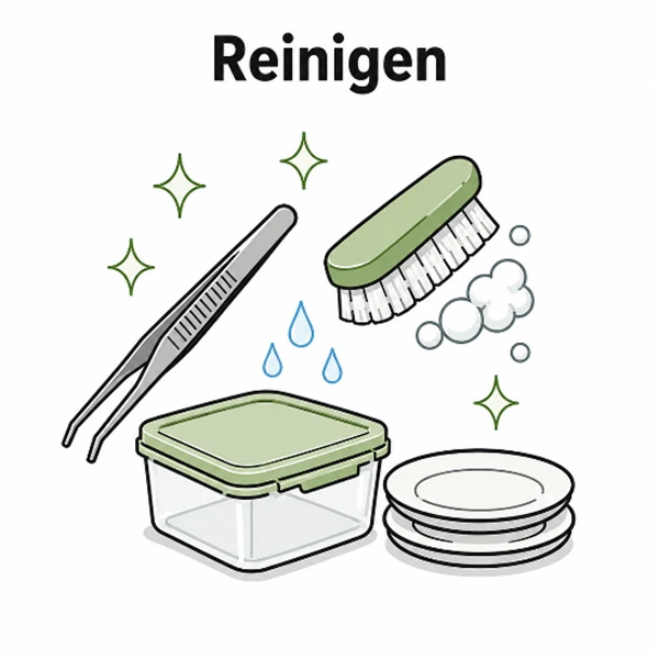 Reinigen: Pinzette, Bürste und Behälter gründlich reinigen
