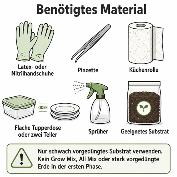 Benötigtes Material: Handschuhe, Pinzette, Küchenrolle, Tupperdose, Sprüher und Substrat